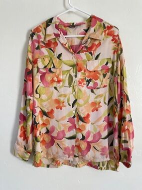 Tommy Bahama Womens, all silk floral shirt. Pink, coral, green. Women’s L